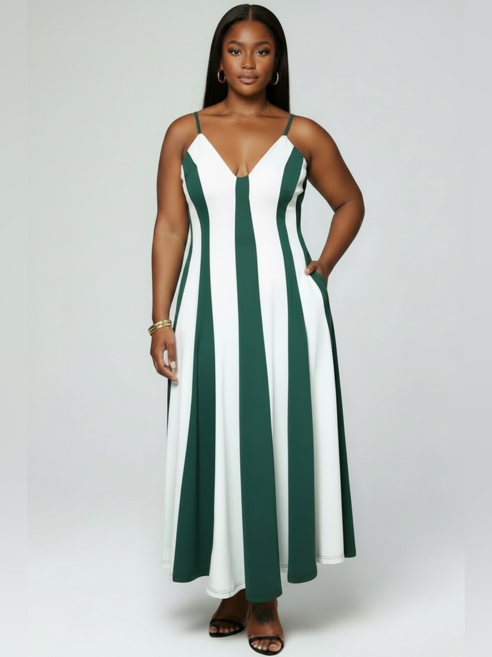 Elegant Green & White Striped V-Neck Maxi Dress